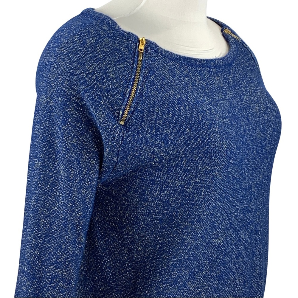 BISOU BISOU Blue w/ Metallic Zippered Shoulders Long Sleeve Sweater size Large - Picture 4 of 14